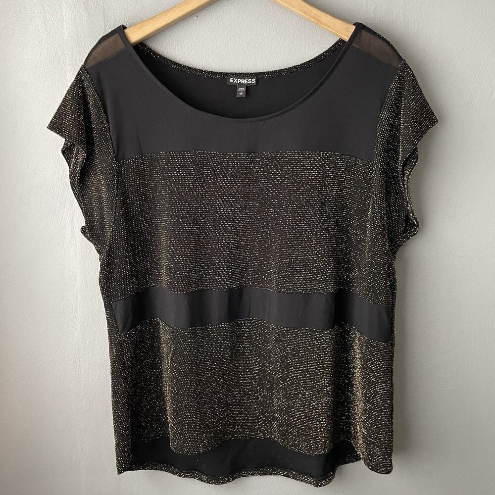 Express Gold Metallic Top Size Large Mesh Semi Sheer Party Holiday Rave Sparkle